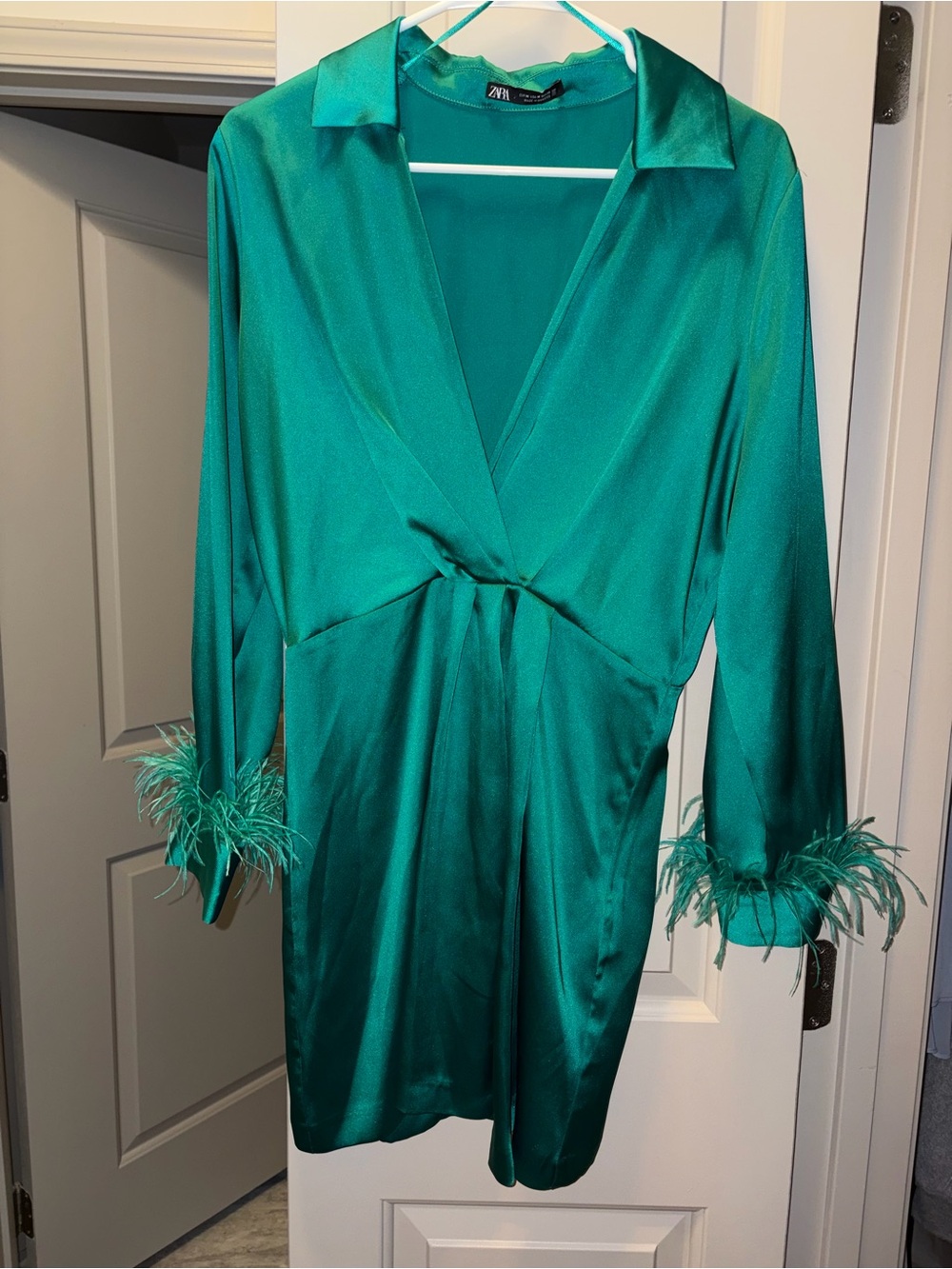 Zara Green Satin Mini Dress with Feather Cuffs
